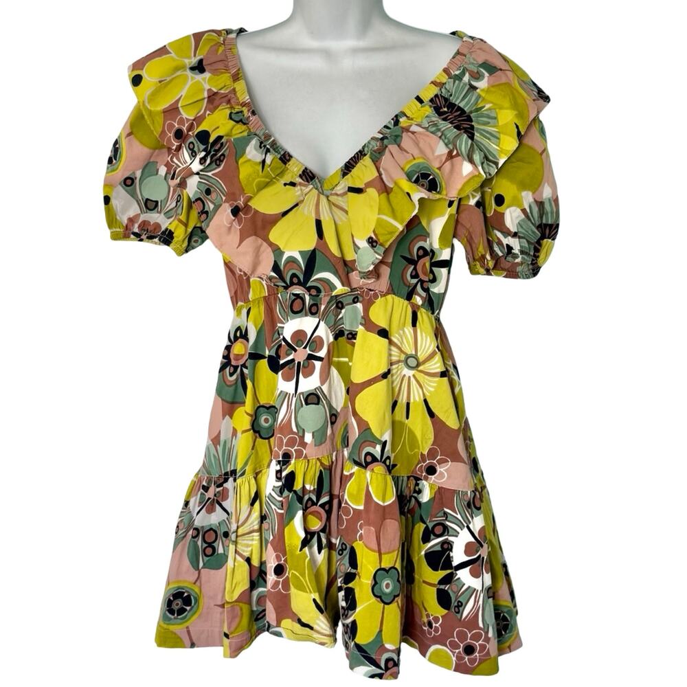 Dizzy Lizzy Chartreuse Green Pink Navy Floral Puff Sleeve Mini Ruffle Dress Sz L